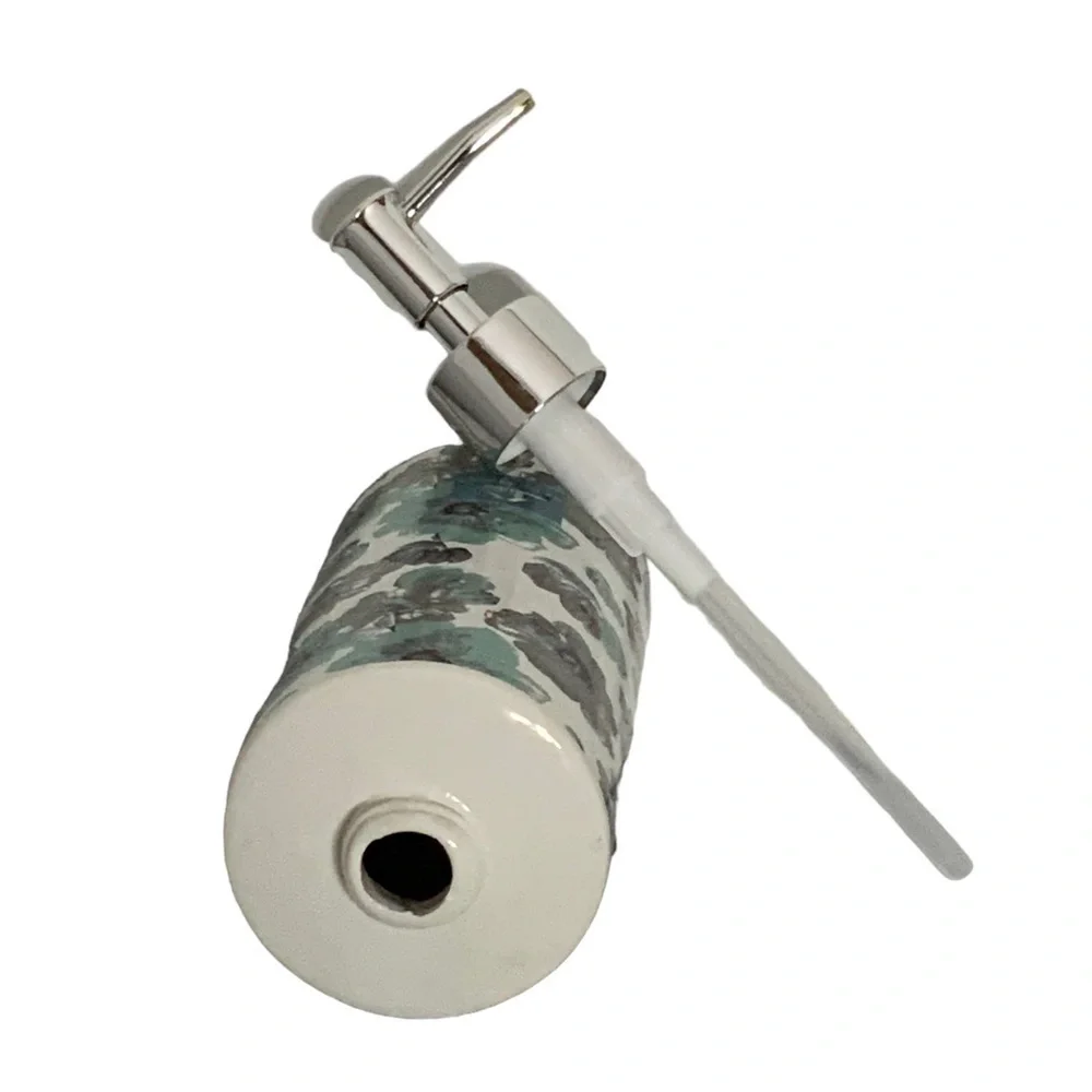 Sunburst Blue Grey Moth Clay Floral Ceramic Soap Lotion Dispenser 16 Oz